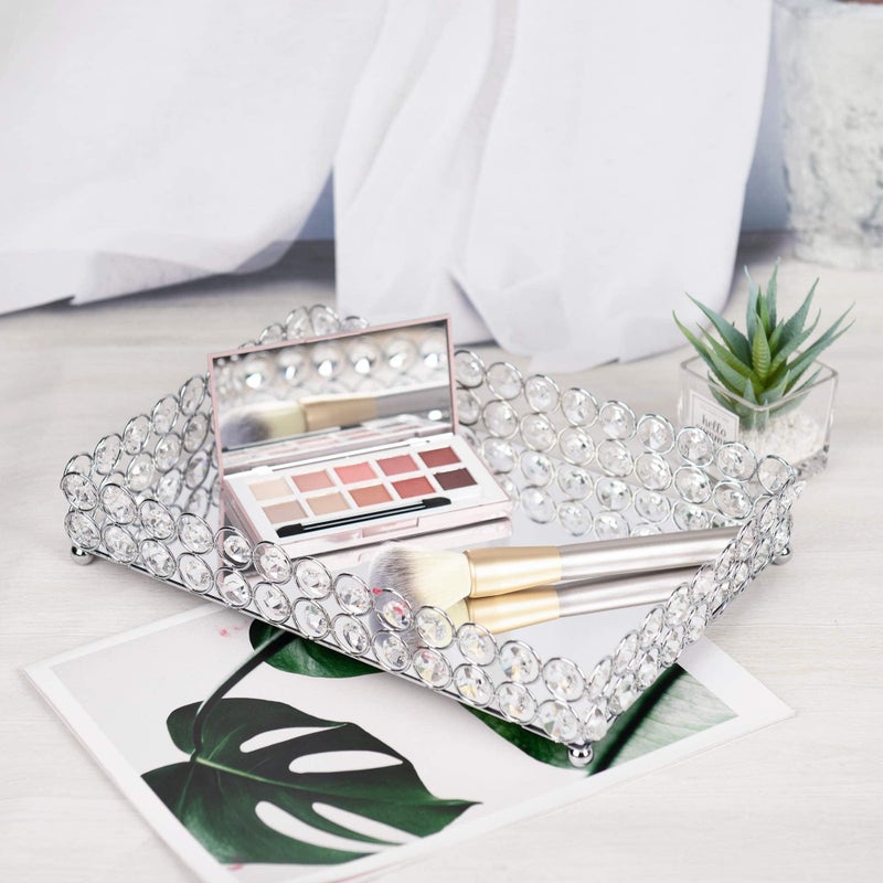 Feyarl Crystal Vanity Makeup Perfume Tray Ornate Jewelry Trinket Organizer Cosmetic Decorative Tray Skin Care Storage for Home Dressing Table Wedding Decoration(Rectangle 12" x 8") (Silver) - Image 4